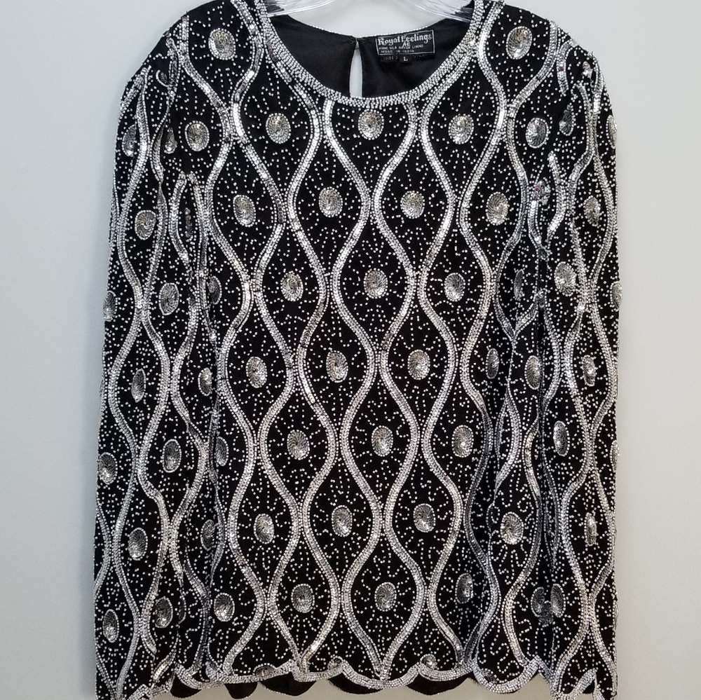 ROYAL FEELINGS | BLACK SILK BEADED TOP, SIZE L